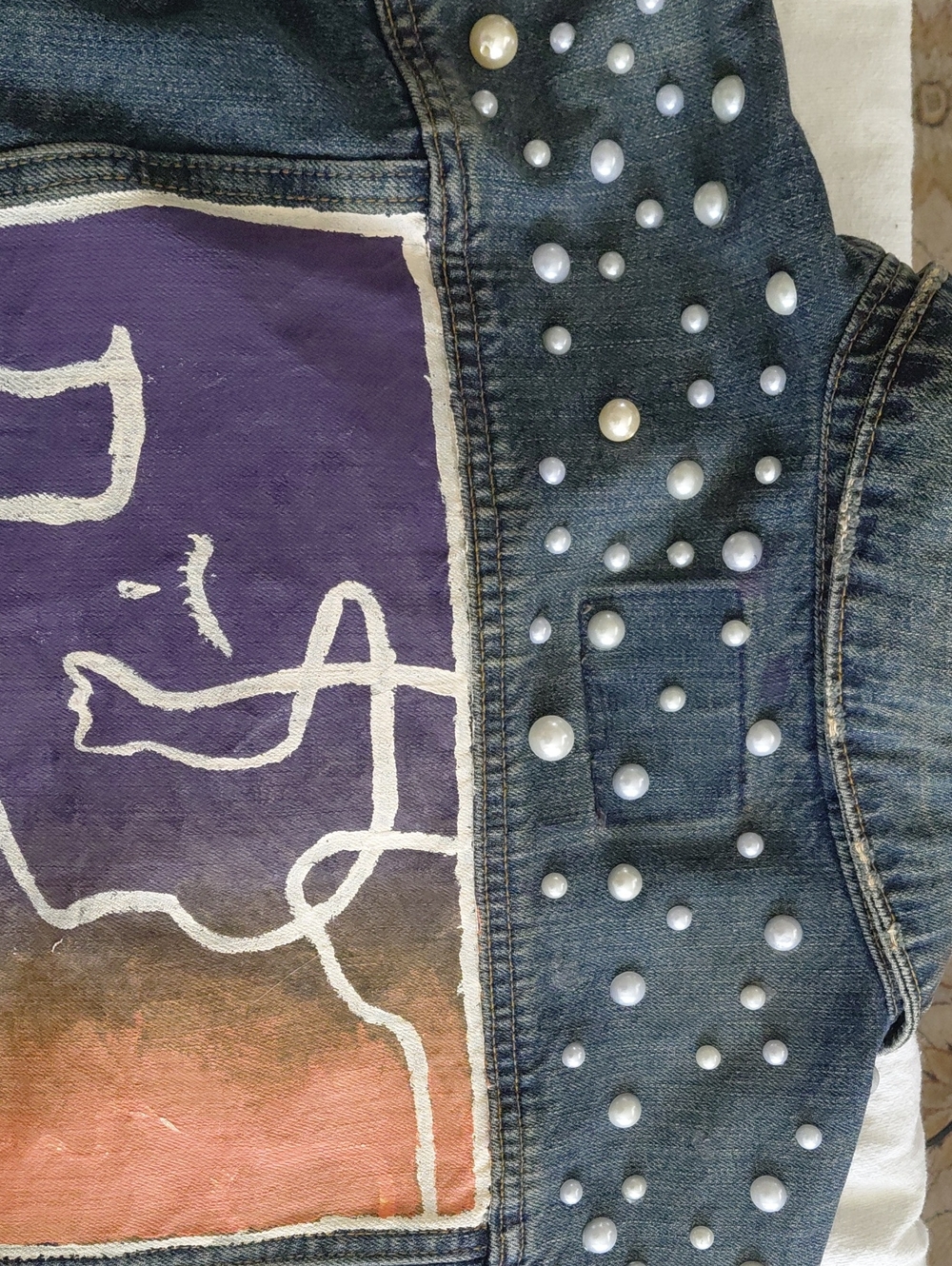OOAK Hand Painted Denim Jacket Abstract Line Art Portrait Pearl Embellished - Picture 8 of 10